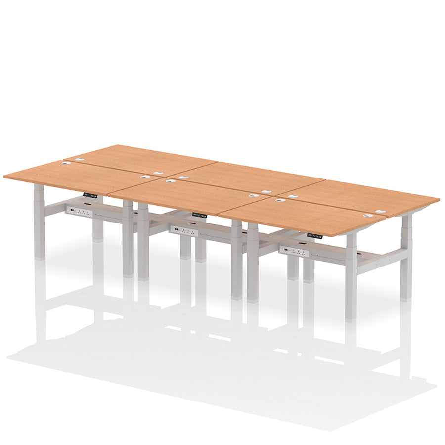 Air Back-to-Back Height Adjustable Bench Desk - 6 Person with cable ports W1200 oak top with silver frame
