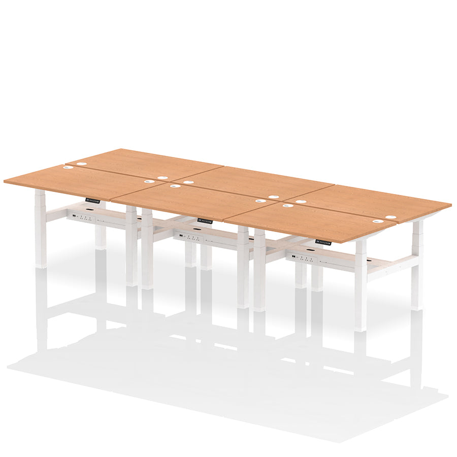 Air Back-to-Back Height Adjustable Bench Desk - 6 Person with cable ports W1200 oak top with white frame