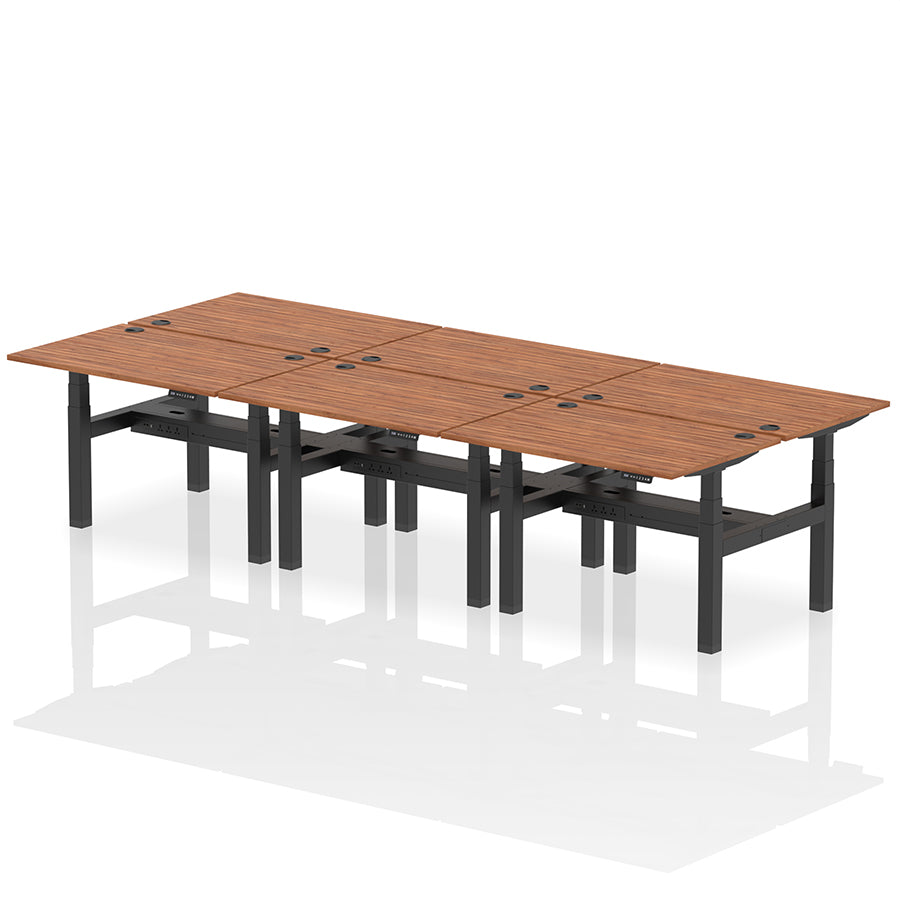 Air Back-to-Back Height Adjustable Bench Desk - 6 Person with cable ports W1200 walnut top with black frame
