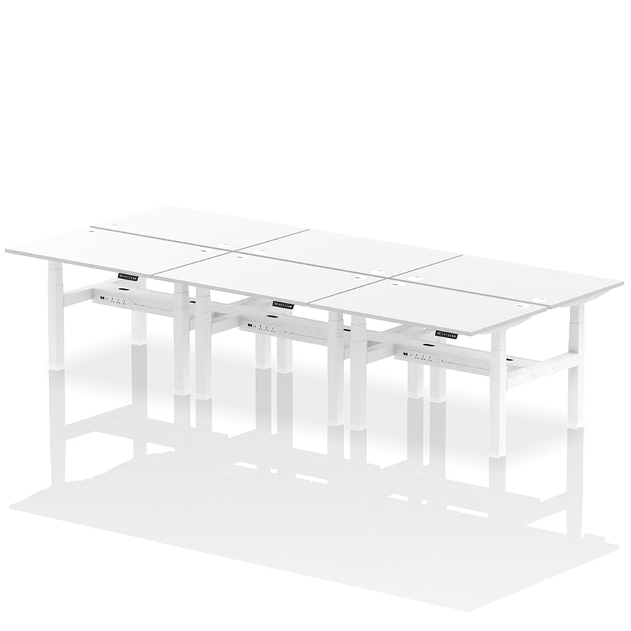 Air Back-to-Back Height Adjustable Bench Desk - 6 Person with cable ports W1200 white top with white frame
