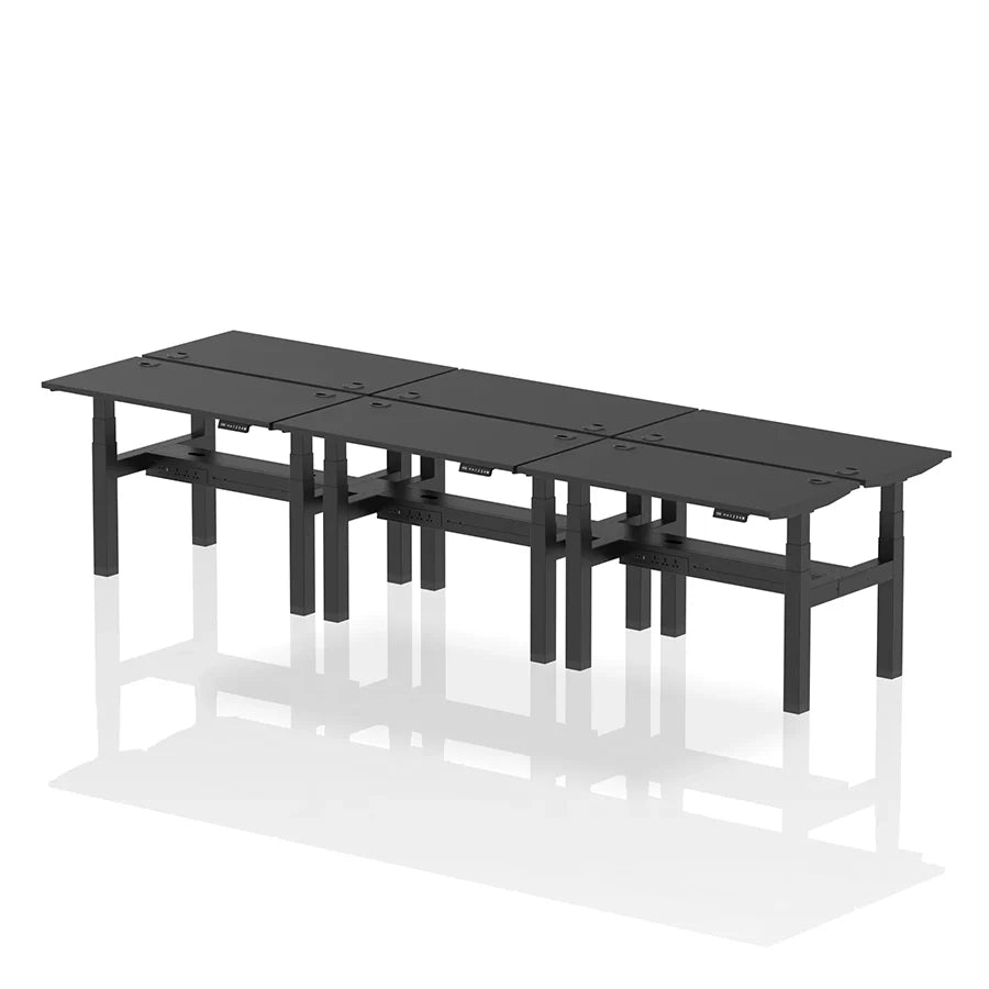 Air Back-to-Back Height Adjustable Bench Desk - 6 Person with cable ports W1200mm black top with black frame