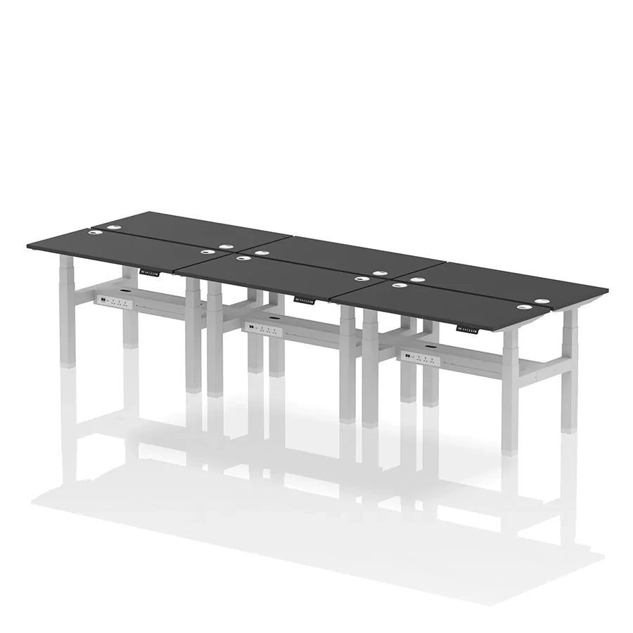 Air Back-to-Back Height Adjustable Bench Desk - 6 Person with cable ports W1200mm black top with silver frame
