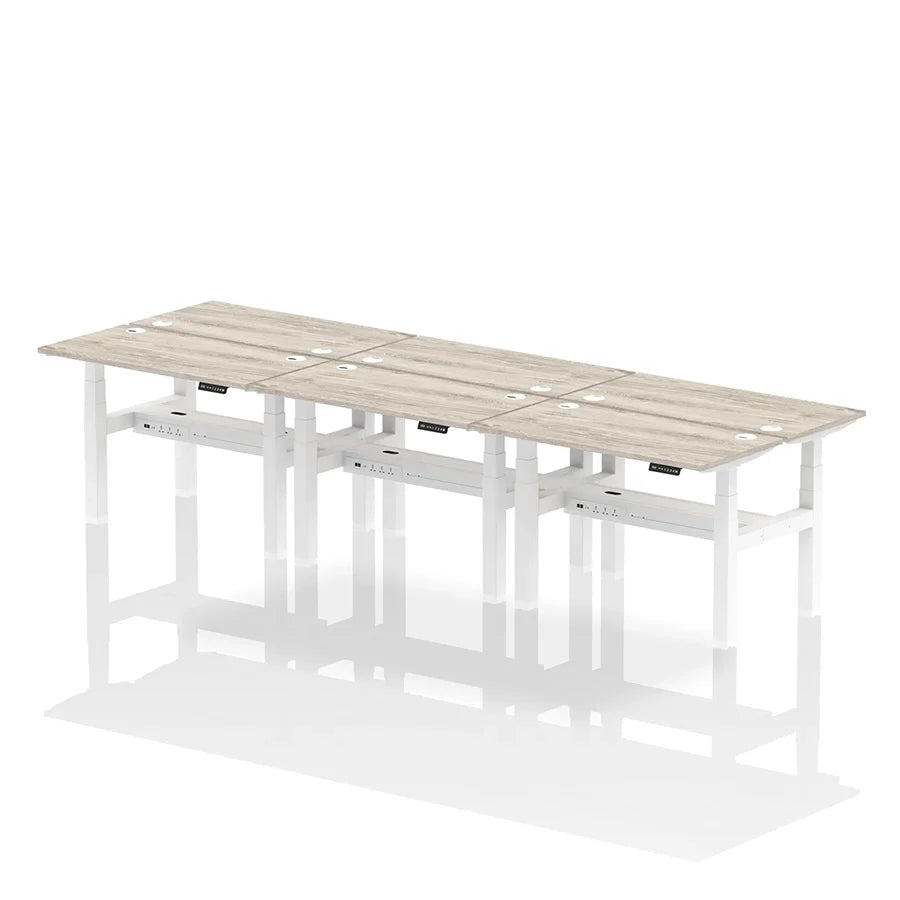 Air Back-to-Back Height Adjustable Bench Desk - 6 Person with cable ports W1200mm grey oak top with white frame