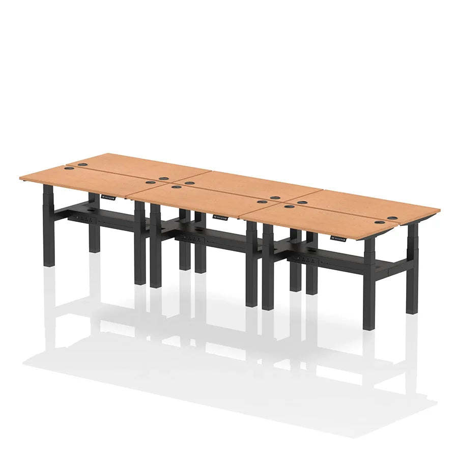 Air Back-to-Back Height Adjustable Bench Desk - 6 Person with cable ports W1200mm oak top with black frame