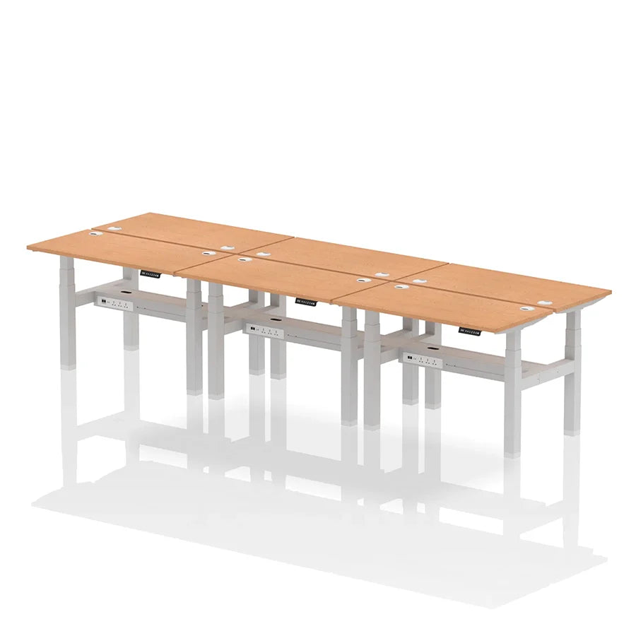 Air Back-to-Back Height Adjustable Bench Desk - 6 Person with cable ports W1200mm oak top with silver frame