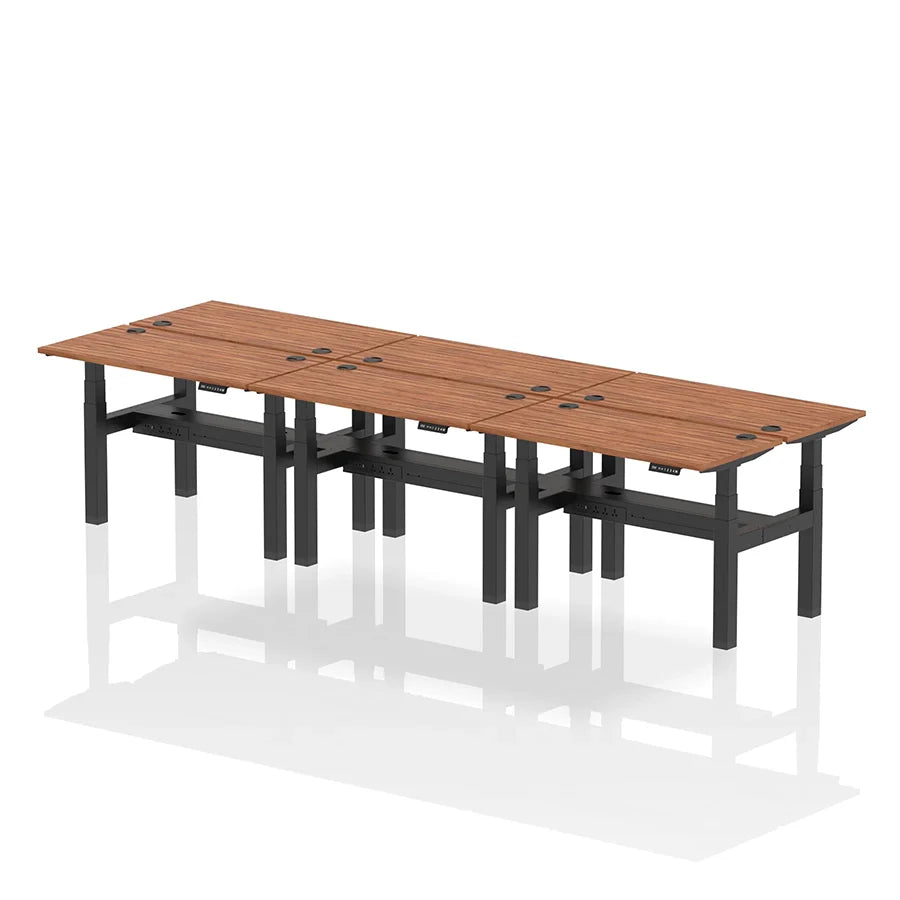 Air Back-to-Back Height Adjustable Bench Desk - 6 Person with cable ports W1200mm walnut top with black frame
