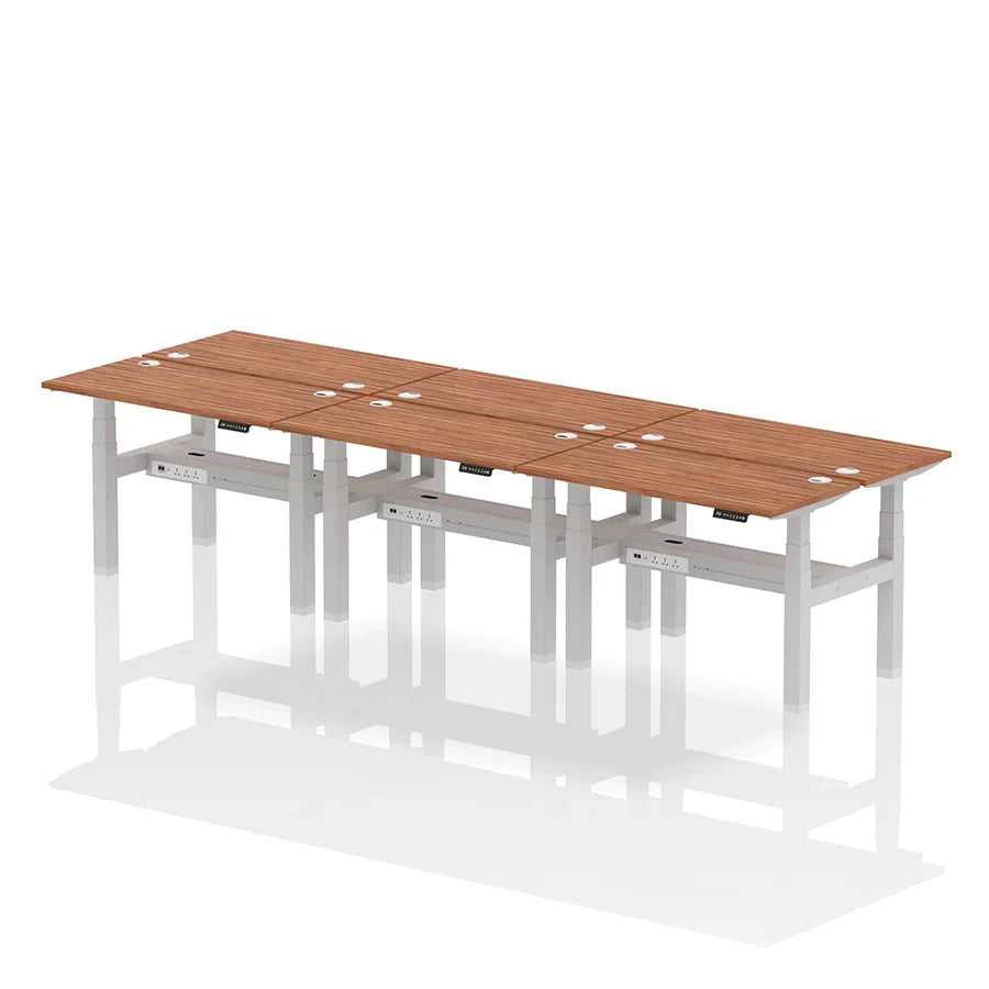 Air Back-to-Back Height Adjustable Bench Desk - 6 Person with cable ports W1200mm walnut top with silver frame