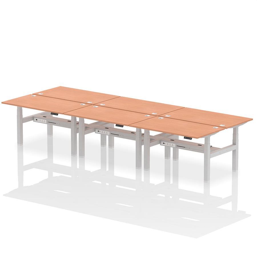 Air Back-to-Back Height Adjustable Bench Desk - 6 Person with cable ports W1400 beech top with silver frame