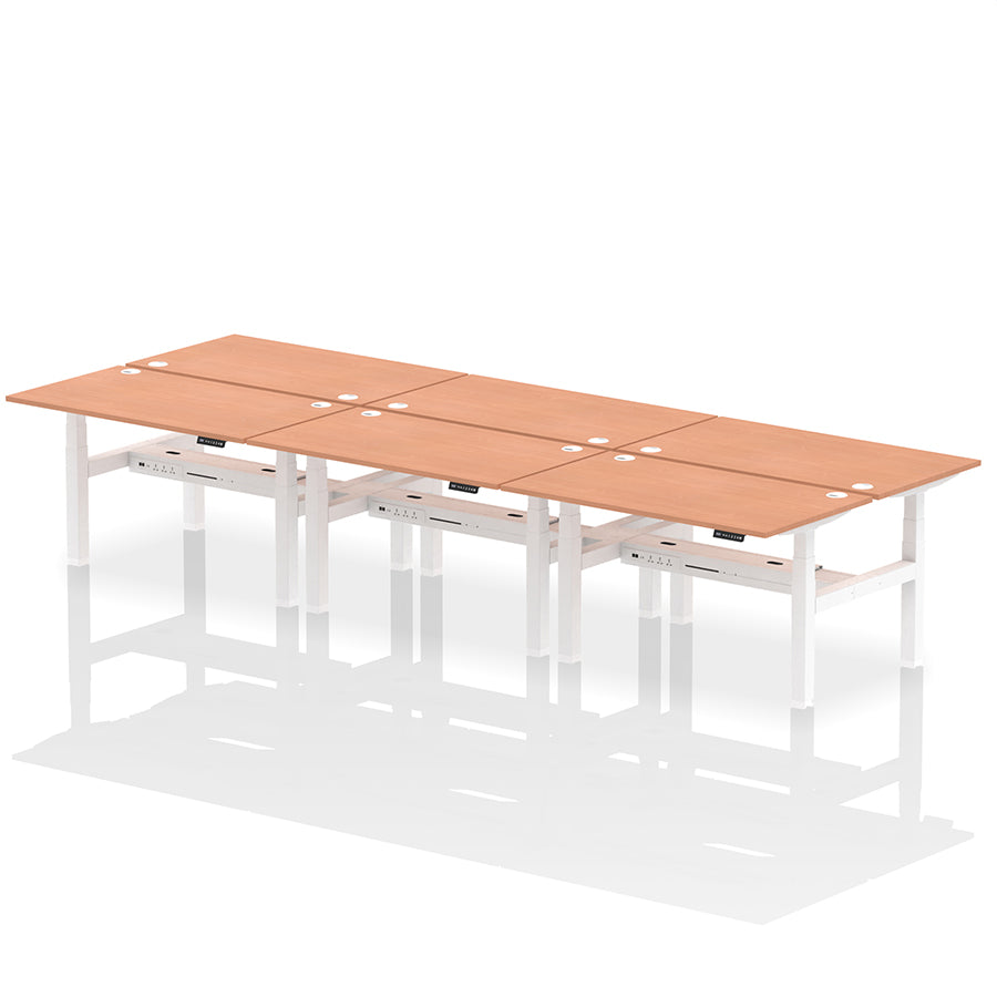 Air Back-to-Back Height Adjustable Bench Desk - 6 Person with cable ports W1400 beech top with white frame