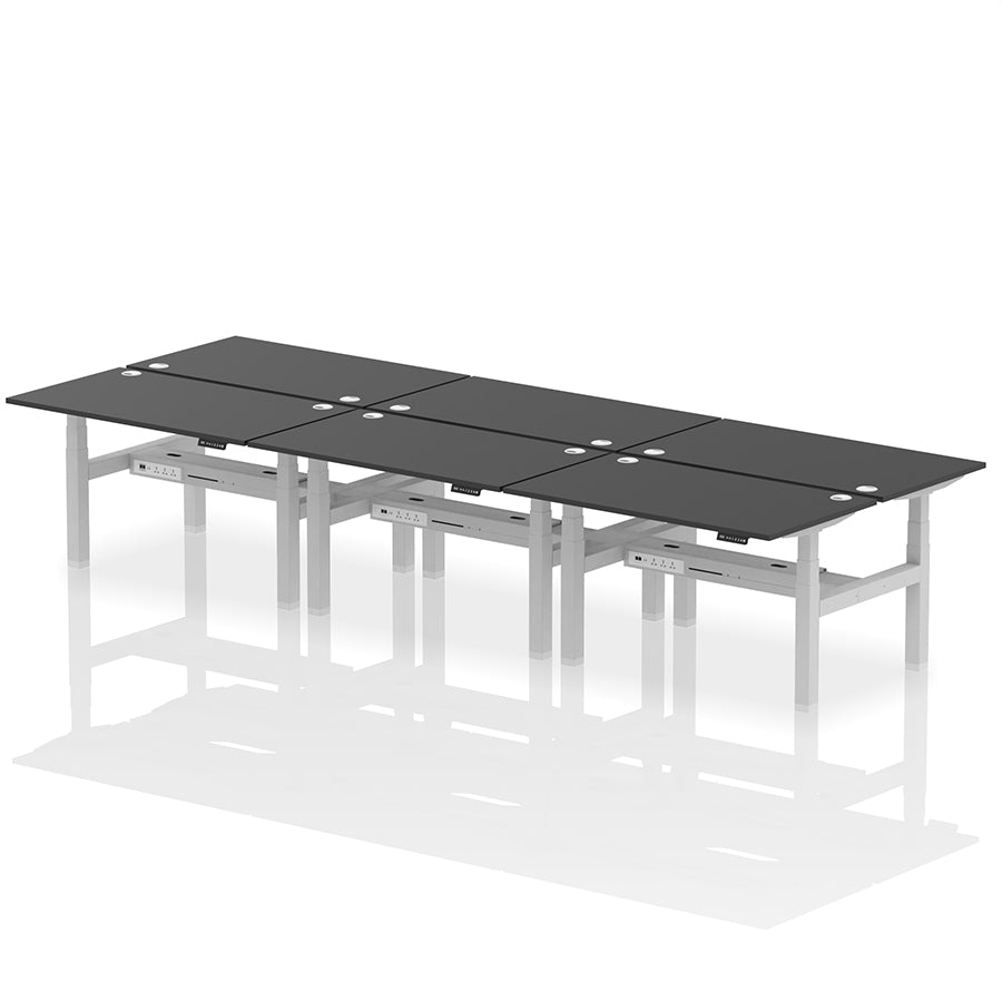 Air Back-to-Back Height Adjustable Bench Desk - 6 Person with cable ports W1400 black top with silver frame