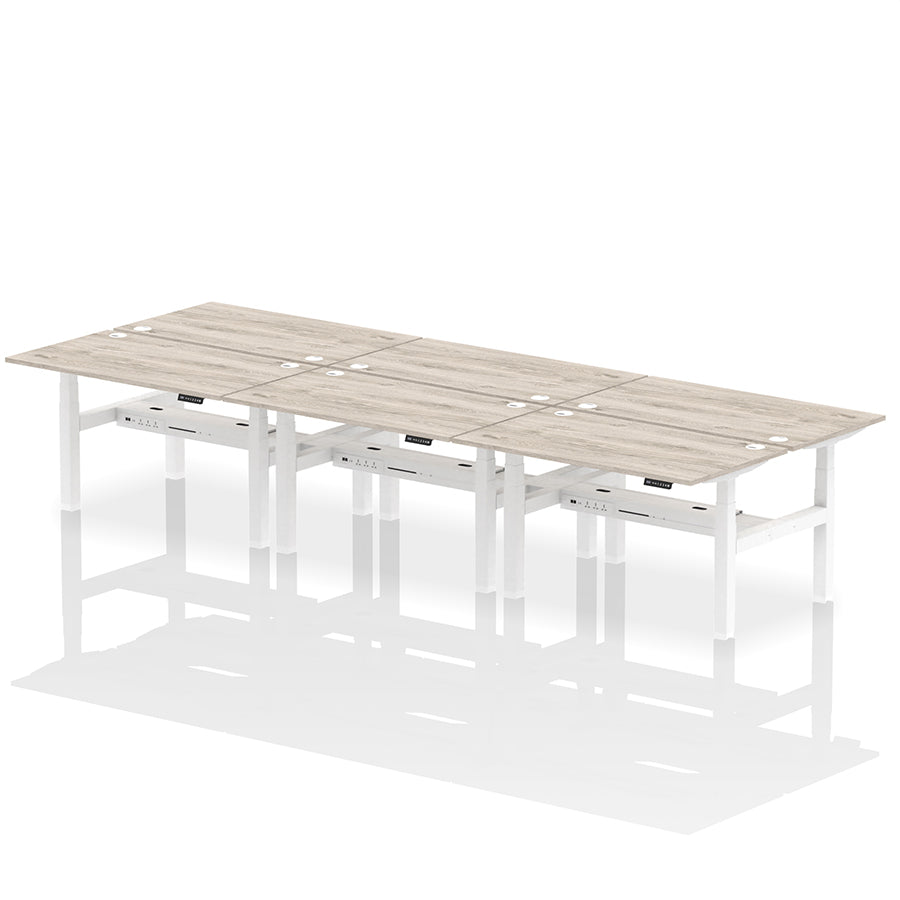 Air Back-to-Back Height Adjustable Bench Desk - 6 Person with cable ports W1400 grey oak top with white frame