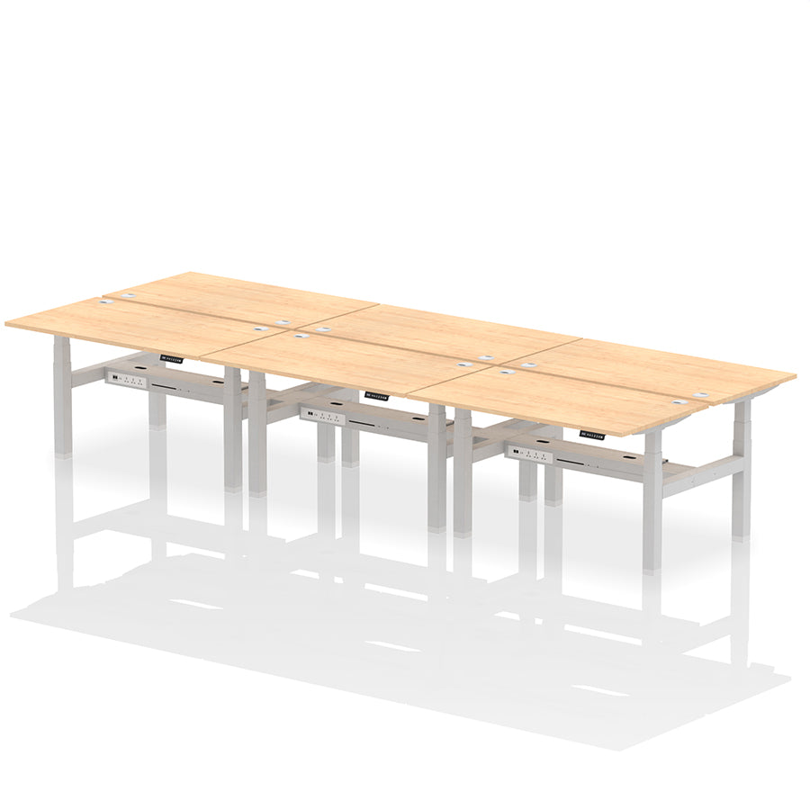 Air Back-to-Back Height Adjustable Bench Desk - 6 Person with cable ports W1400 maple top with silver frame