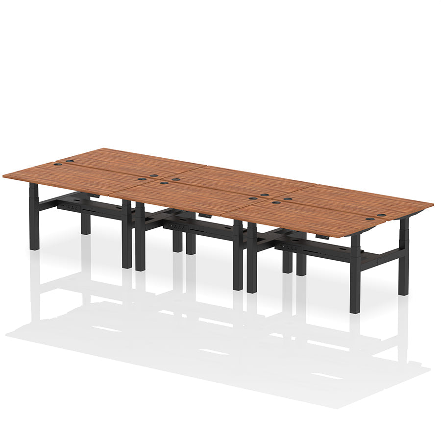 Air Back-to-Back Height Adjustable Bench Desk - 6 Person with cable ports W1400 walnut top with black frame
