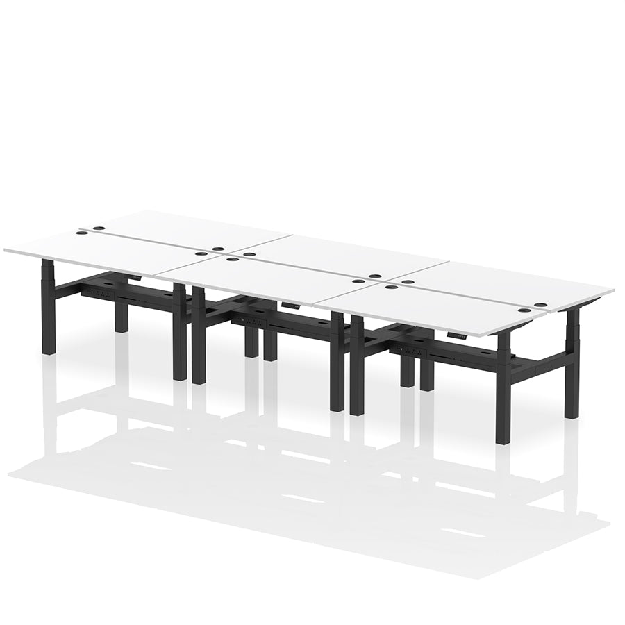 Air Back-to-Back Height Adjustable Bench Desk - 6 Person with cable ports W1400 white top with black frame