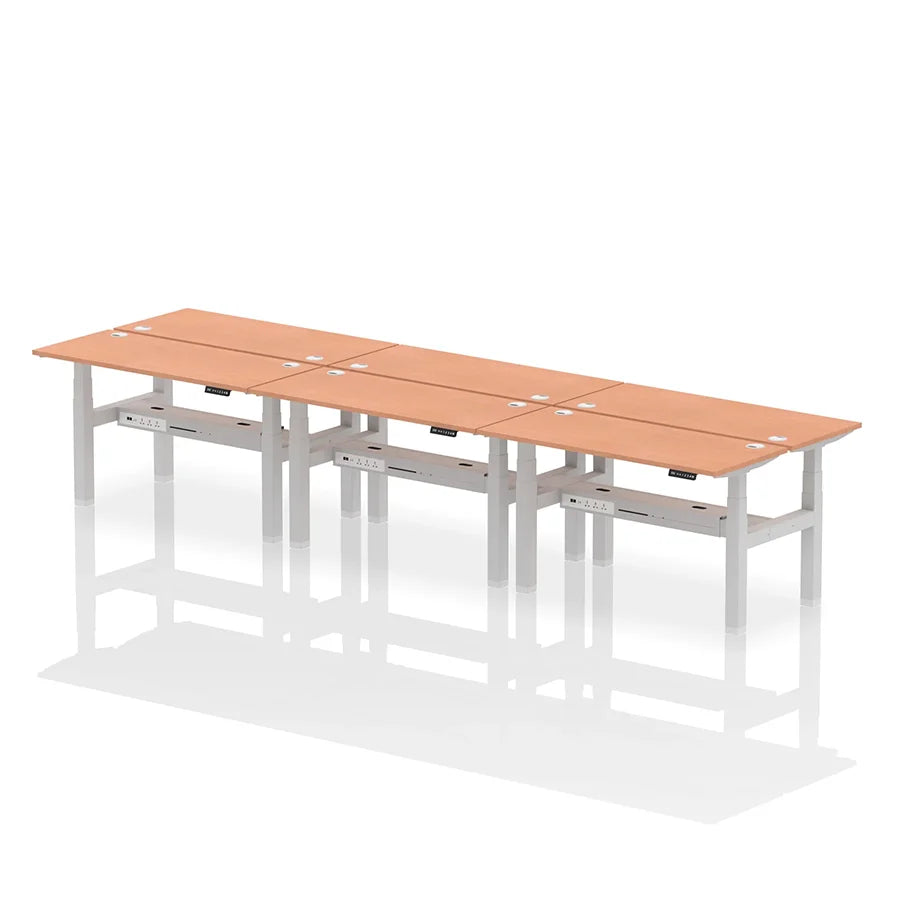 Air Back-to-Back Height Adjustable Bench Desk - 6 Person with cable ports W1400mm beech top with silver frame