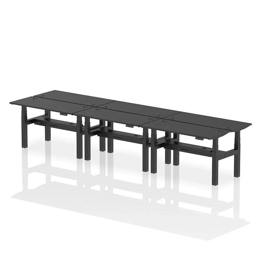 Air Back-to-Back Height Adjustable Bench Desk - 6 Person with cable ports W1400mm black top with black frame