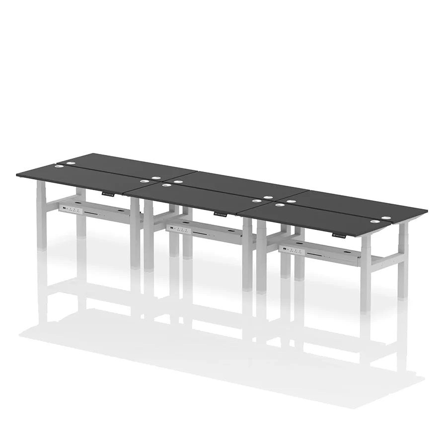 Air Back-to-Back Height Adjustable Bench Desk - 6 Person with cable ports W1400mm black top with silver frame