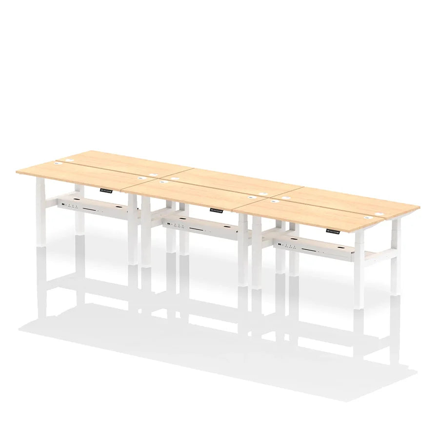 Air Back-to-Back Height Adjustable Bench Desk - 6 Person with cable ports W1400mm maple top with white frame