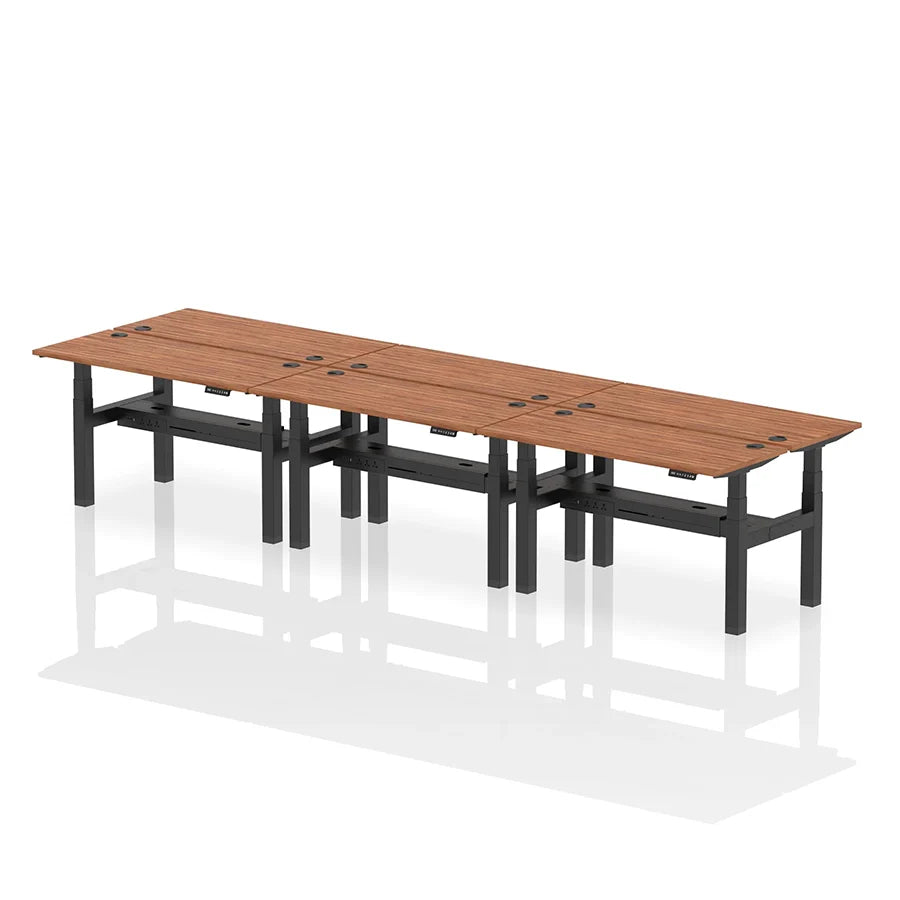 Air Back-to-Back Height Adjustable Bench Desk - 6 Person with cable ports W1400mm walnut top with black frame
