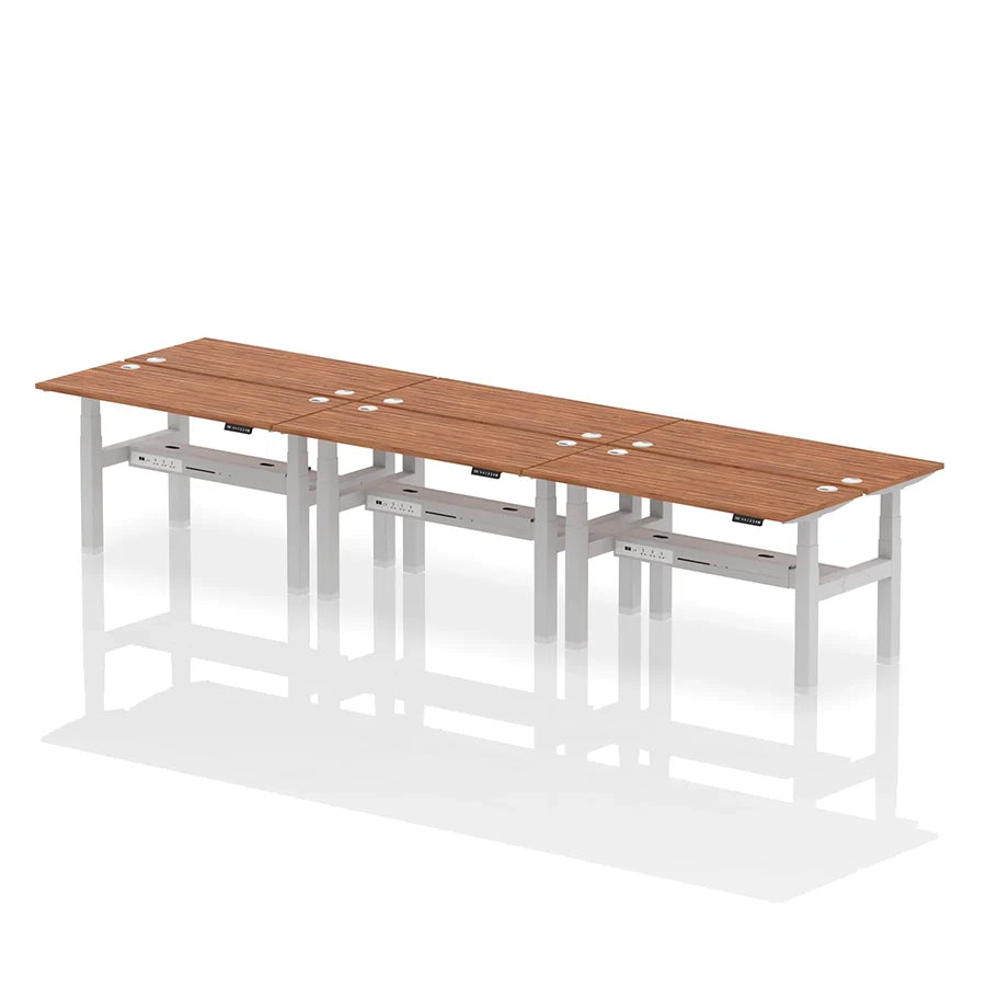 Air Back-to-Back Height Adjustable Bench Desk - 6 Person with cable ports W1400mm walnut top with silver frame