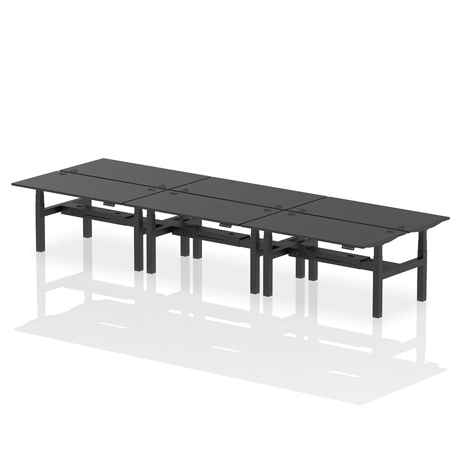 Air Back-to-Back Height Adjustable Bench Desk - 6 Person with cable ports W1600 black top with black frame