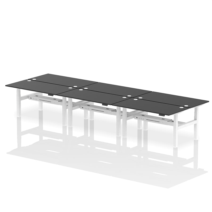 Air Back-to-Back Height Adjustable Bench Desk - 6 Person with cable ports W1600 black top with white frame
