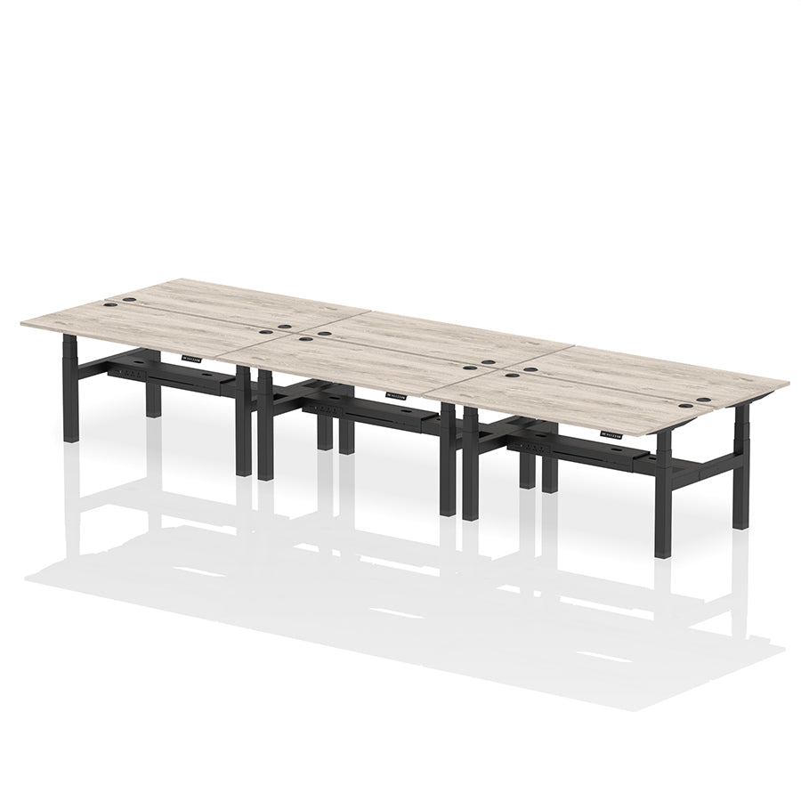 Air Back-to-Back Height Adjustable Bench Desk - 6 Person with cable ports W1600 grey oak top with black frame