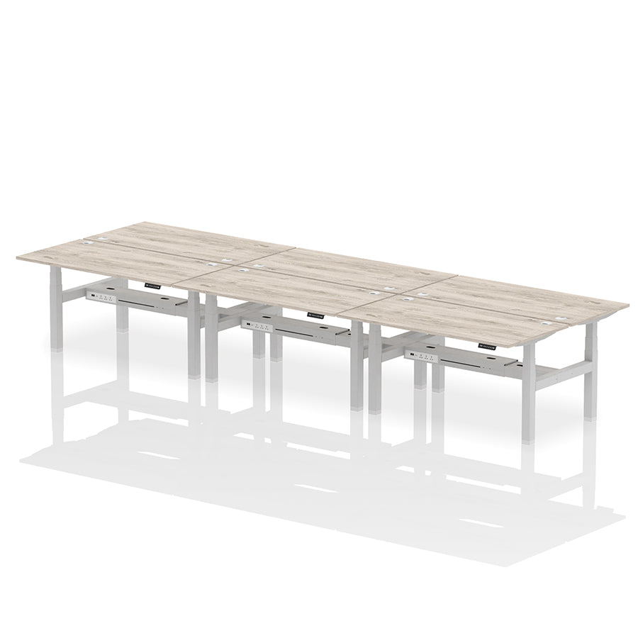 Air Back-to-Back Height Adjustable Bench Desk - 6 Person with cable ports W1600 grey oak top with silver frame