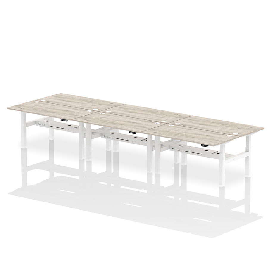 Air Back-to-Back Height Adjustable Bench Desk - 6 Person with cable ports W1600 grey oak top with white frame
