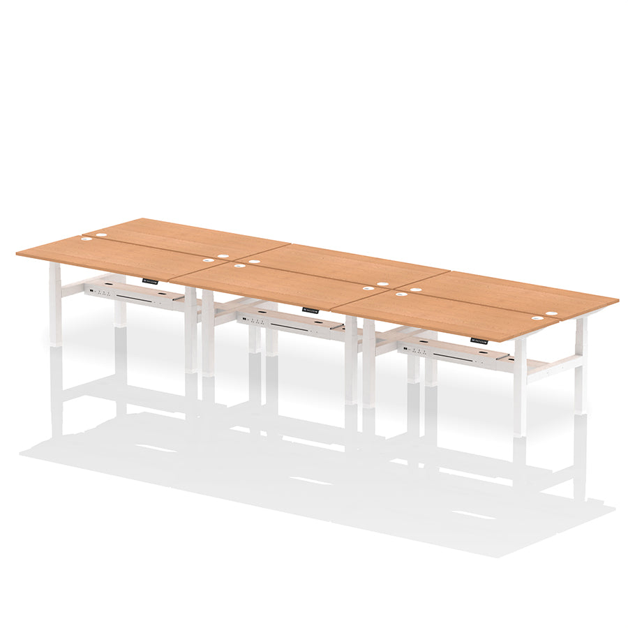 Air Back-to-Back Height Adjustable Bench Desk - 6 Person with cable ports W1600 oak top with white frame