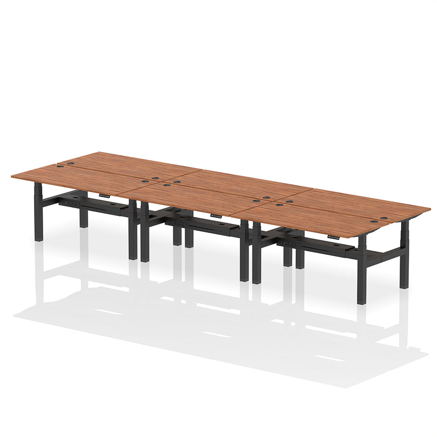 Air Back-to-Back Height Adjustable Bench Desk - 6 Person with cable ports W1600 walnut top with black frame