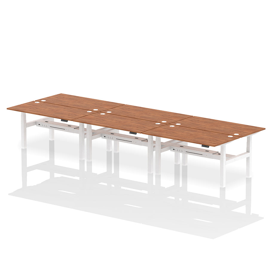 Air Back-to-Back Height Adjustable Bench Desk - 6 Person with cable ports W1600 walnut top with white frame