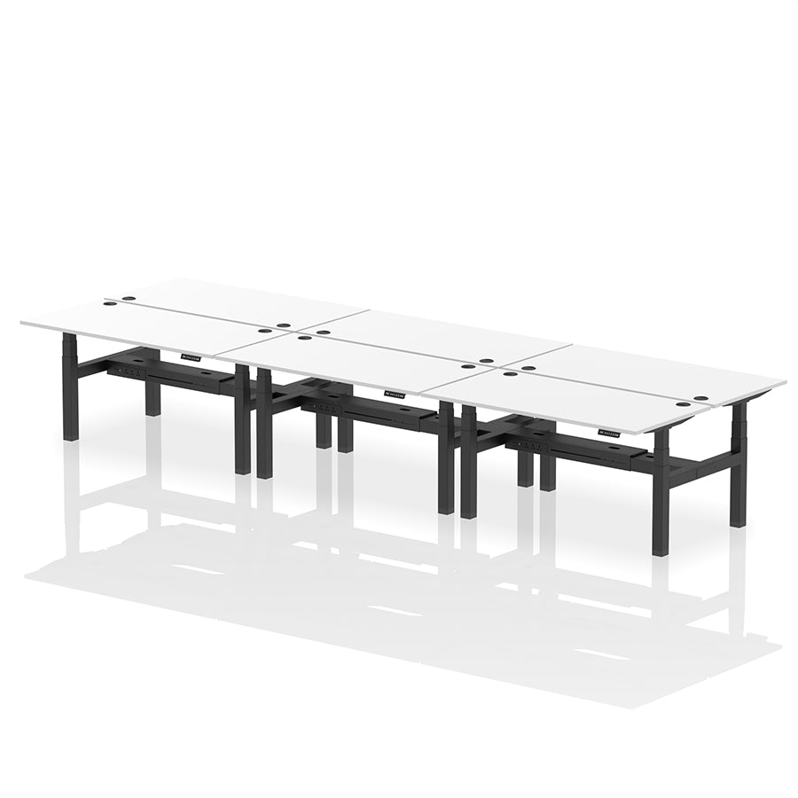 Air Back-to-Back Height Adjustable Bench Desk - 6 Person with cable ports W1600 white top with black frame