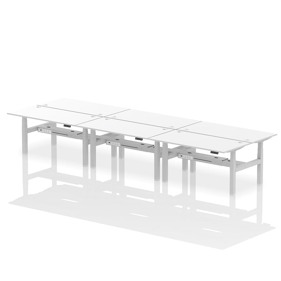 Air Back-to-Back Height Adjustable Bench Desk - 6 Person with cable ports W1600 white top with silver frame