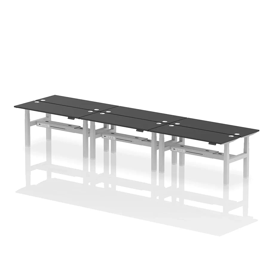 Air Back-to-Back Height Adjustable Bench Desk - 6 Person with cable ports W1600mm black top with silver frame