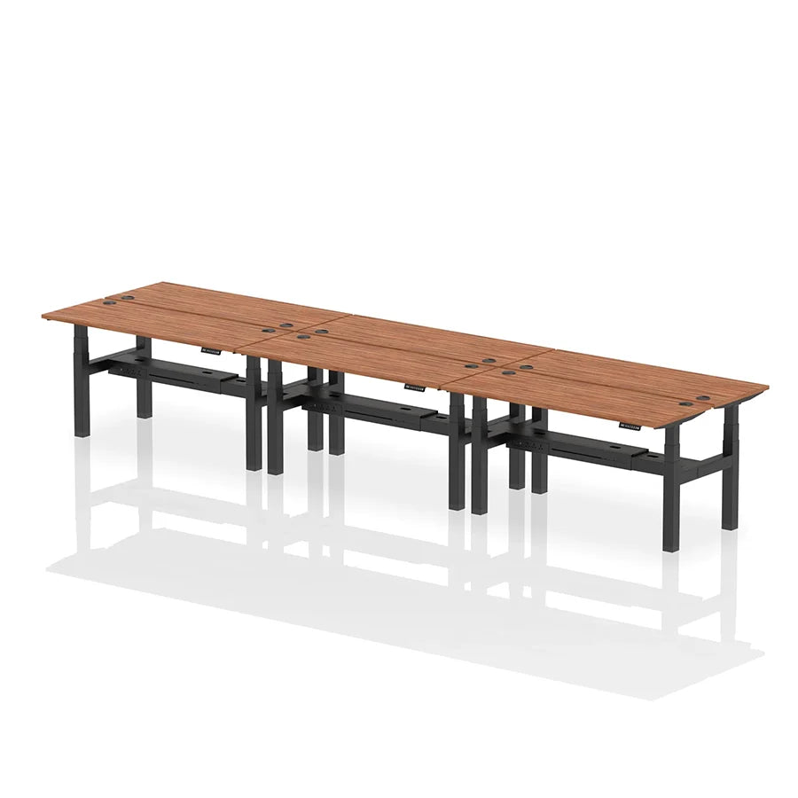 Air Back-to-Back Height Adjustable Bench Desk - 6 Person with cable ports W1600mm walnut top with black frame