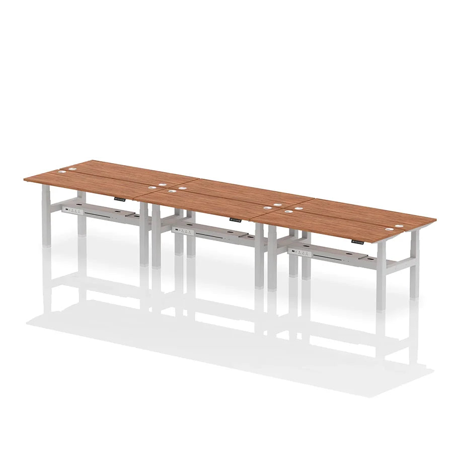 Air Back-to-Back Height Adjustable Bench Desk - 6 Person with cable ports W1600mm walnut top with silver frame