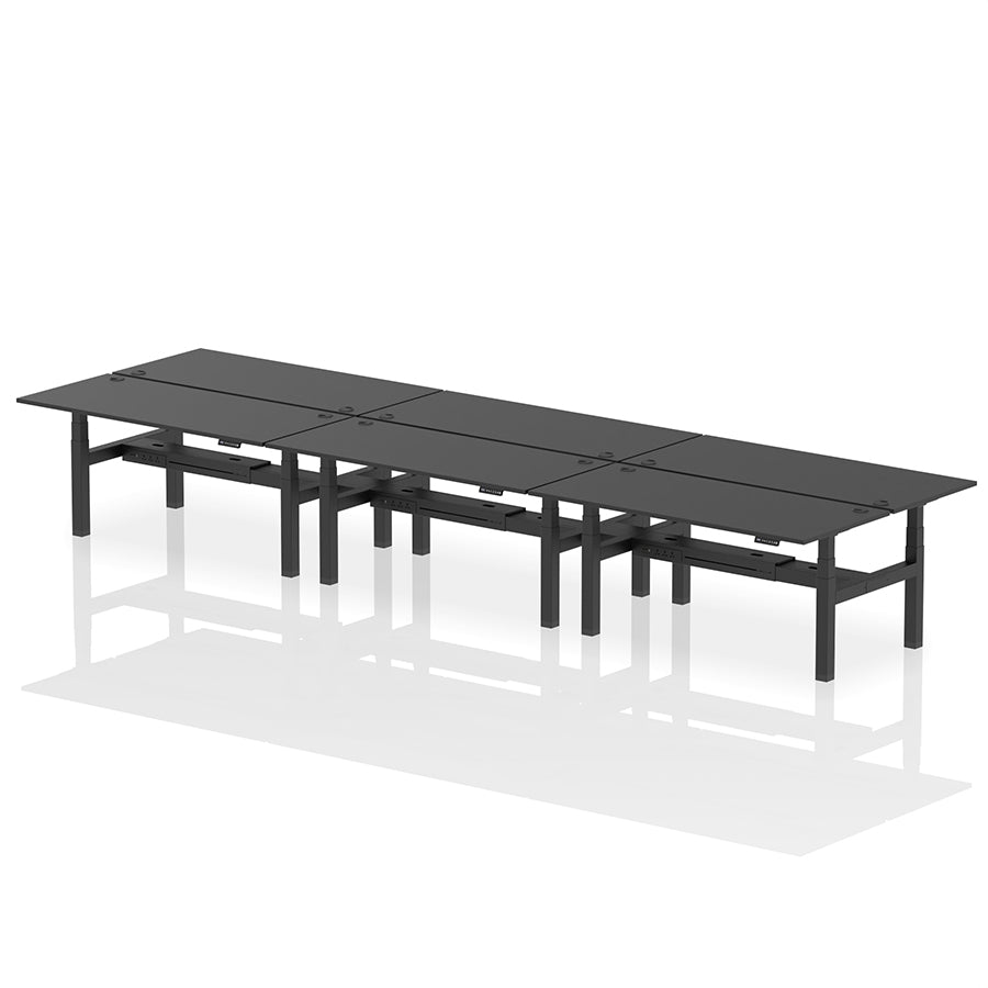 Air Back-to-Back Height Adjustable Bench Desk - 6 Person with cable ports W1800 black top with black frame