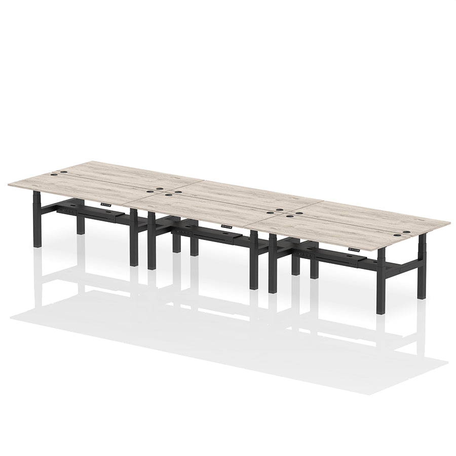Air Back-to-Back Height Adjustable Bench Desk - 6 Person with cable ports W1800 grey oak top with black frame