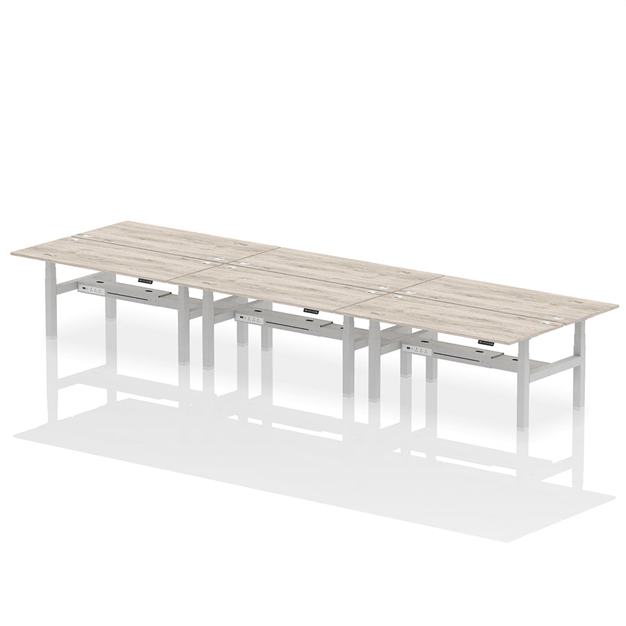 Air Back-to-Back Height Adjustable Bench Desk - 6 Person with cable ports W1800 grey oak top with silver frame