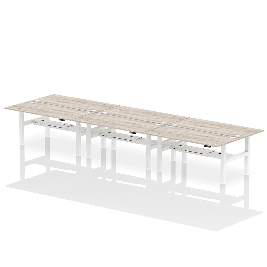 Air Back-to-Back Height Adjustable Bench Desk - 6 Person with cable ports W1800 grey oak top with white frame