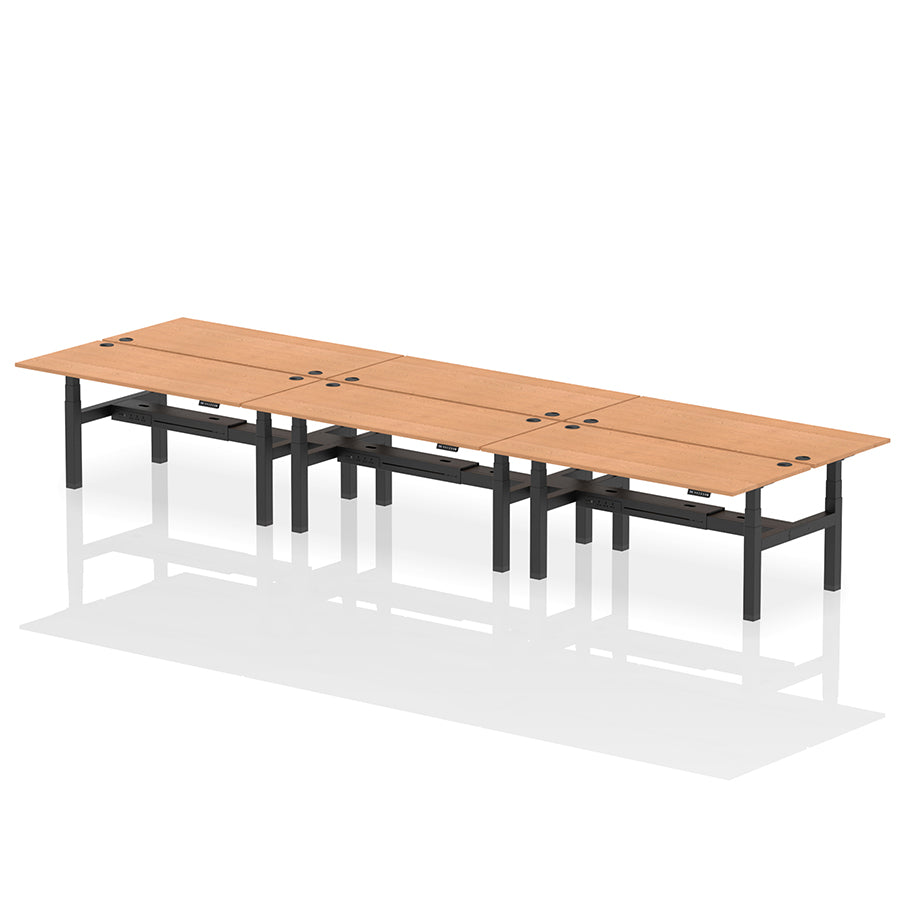 Air Back-to-Back Height Adjustable Bench Desk - 6 Person with cable ports W1800 oak top with black frame