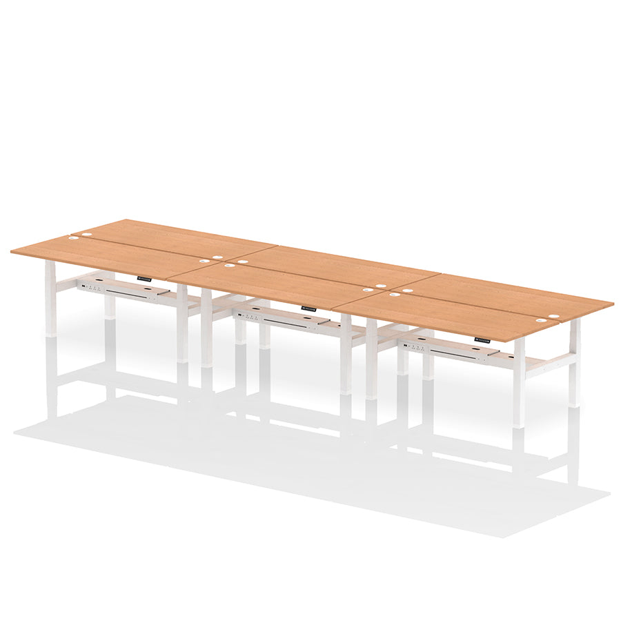 Air Back-to-Back Height Adjustable Bench Desk - 6 Person with cable ports W1800 oak top with white frame