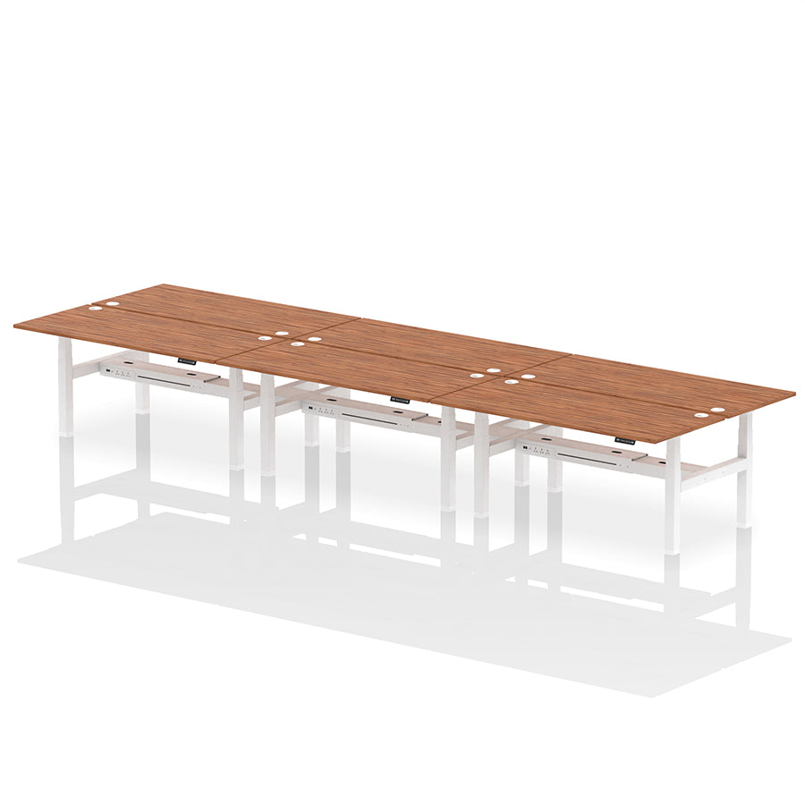 Air Back-to-Back Height Adjustable Bench Desk - 6 Person with cable ports W1800 walnut top with white frame