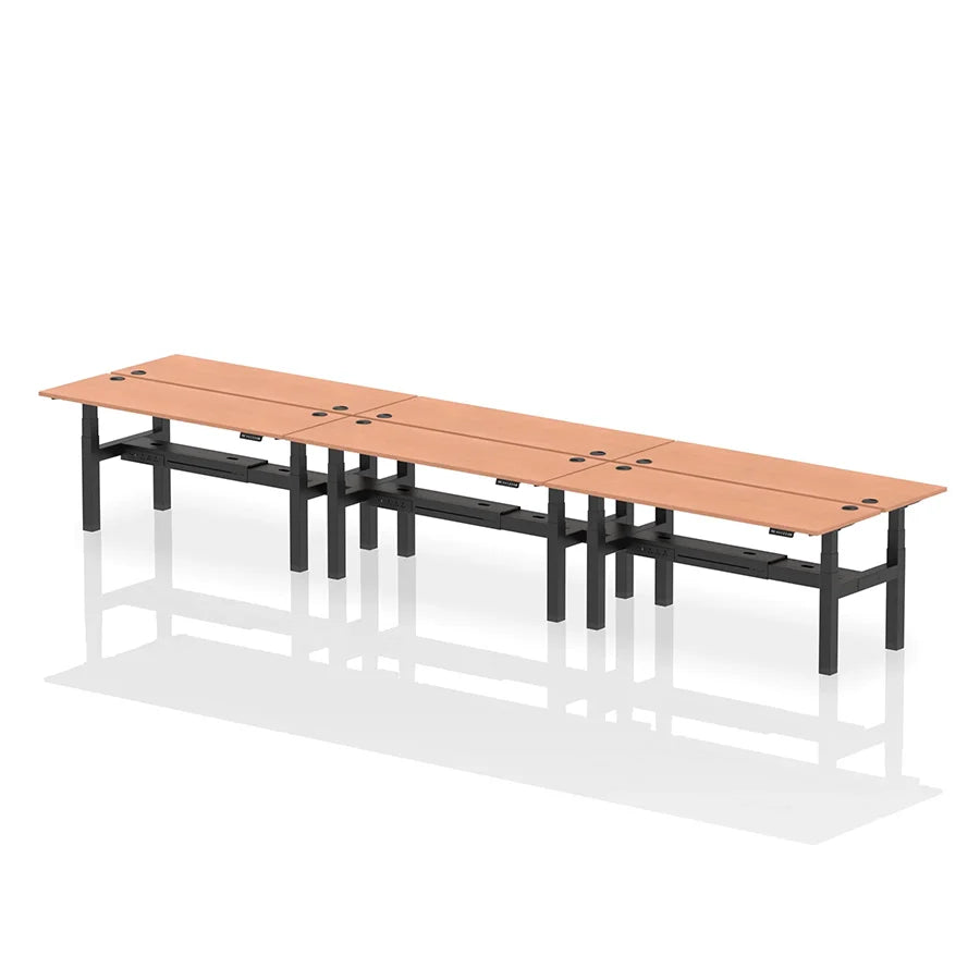 Air Back-to-Back Height Adjustable Bench Desk - 6 Person with cable ports W1800mm beech top with black frame