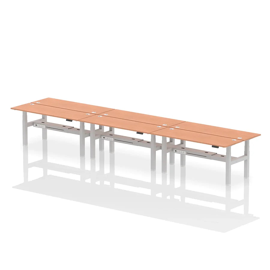 Air Back-to-Back Height Adjustable Bench Desk - 6 Person with cable ports W1800mm beech top with silver frame