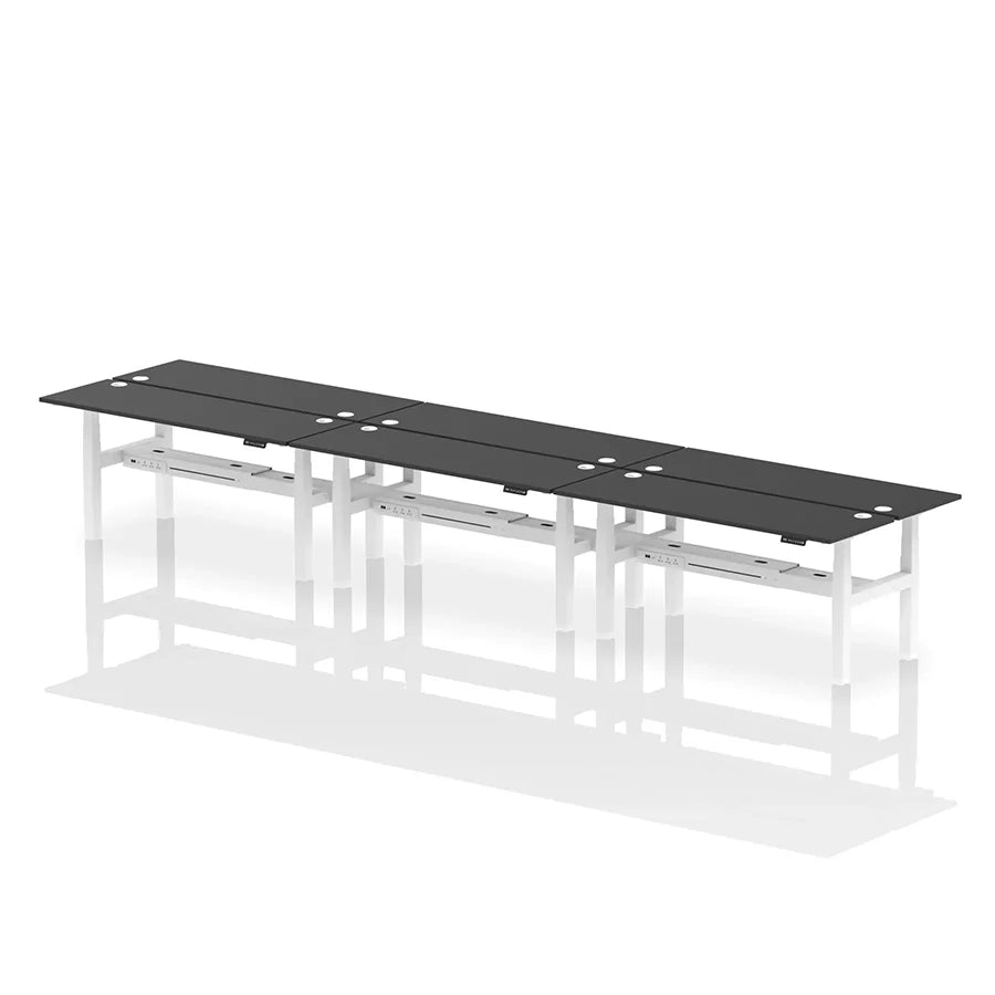 Air Back-to-Back Height Adjustable Bench Desk - 6 Person with cable ports W1800mm black top with white frame