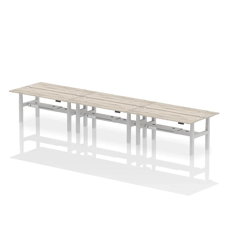 Air Back-to-Back Height Adjustable Bench Desk - 6 Person with cable ports W1800mm grey oak top with silver frame