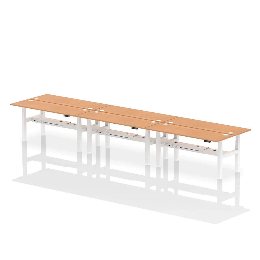Air Back-to-Back Height Adjustable Bench Desk - 6 Person with cable ports W1800mm oak top with white frame
