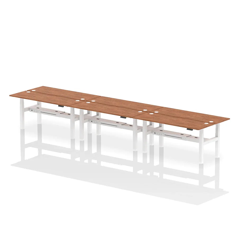 Air Back-to-Back Height Adjustable Bench Desk - 6 Person with cable ports W1800mm walnut top with white frame
